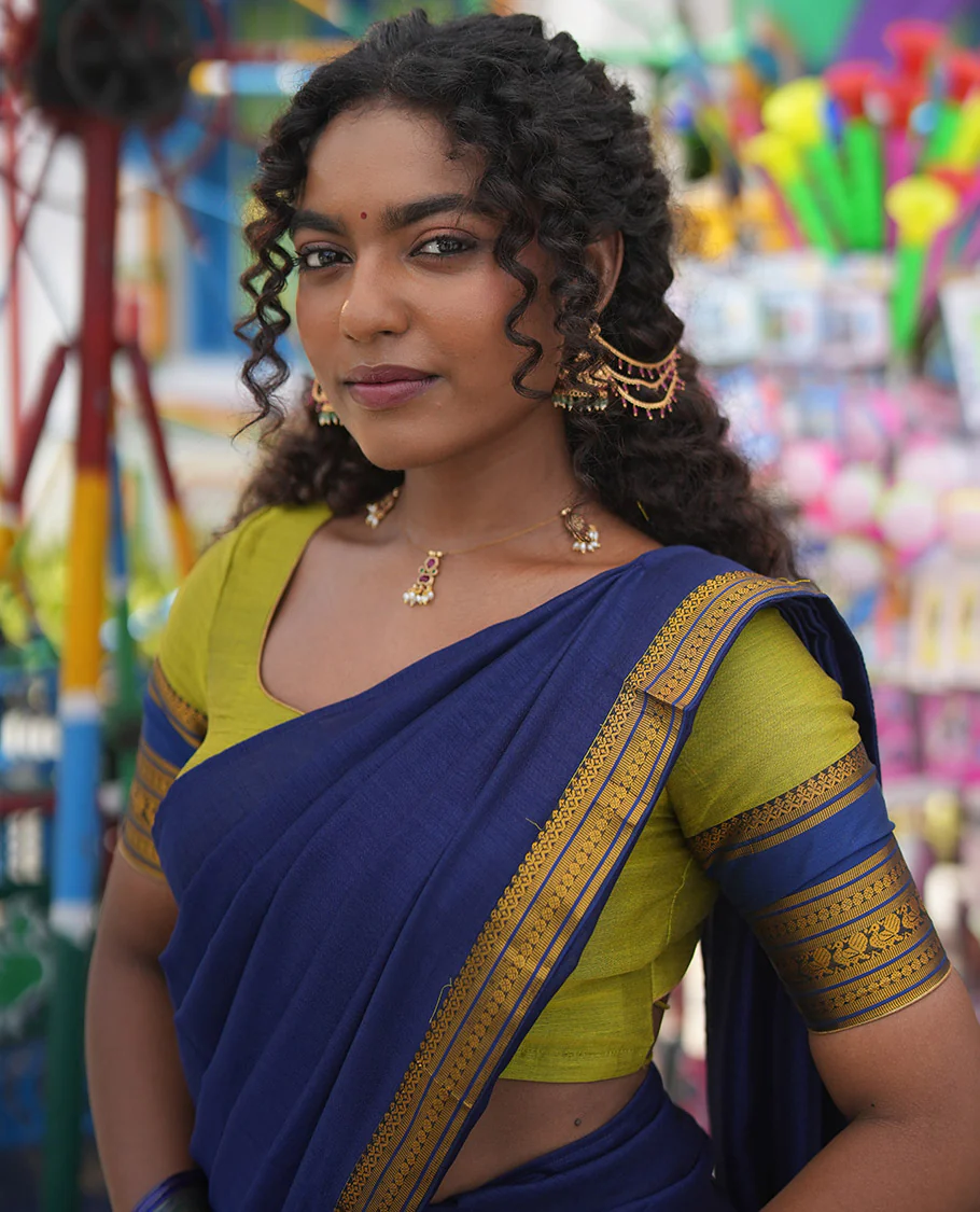 Liril Green-Royal Blue Mercerised Cotton Half-Saree Features Plain Skirt, Contrast Traditional Annam-Motif Border, a Matching Blouse, and Contrast Dhavani - Image 4