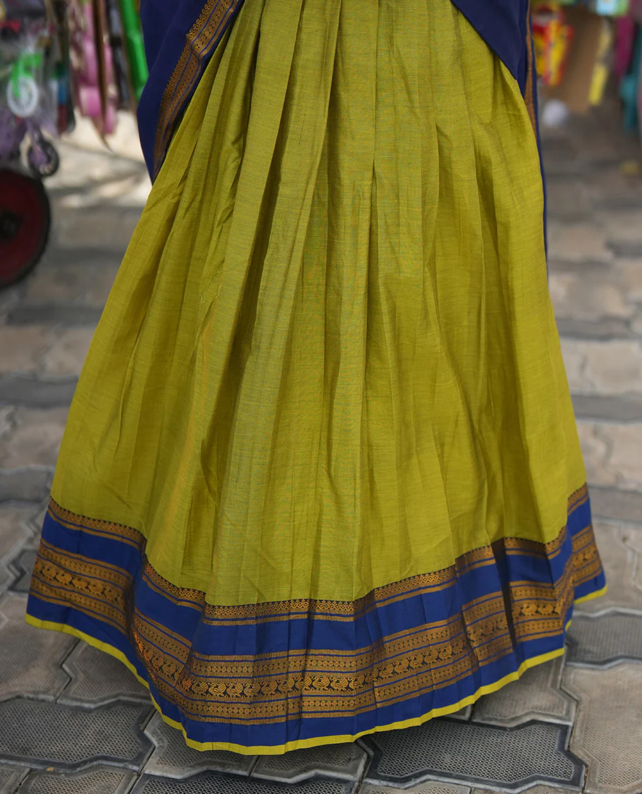 Liril Green-Royal Blue Mercerised Cotton Half-Saree Features Plain Skirt, Contrast Traditional Annam-Motif Border, a Matching Blouse, and Contrast Dhavani - Image 5