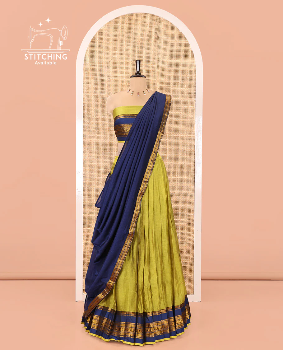 Liril Green-Royal Blue Mercerised Cotton Half-Saree Features Plain Skirt, Contrast Traditional Annam-Motif Border, a Matching Blouse, and Contrast Dhavani - Image 6