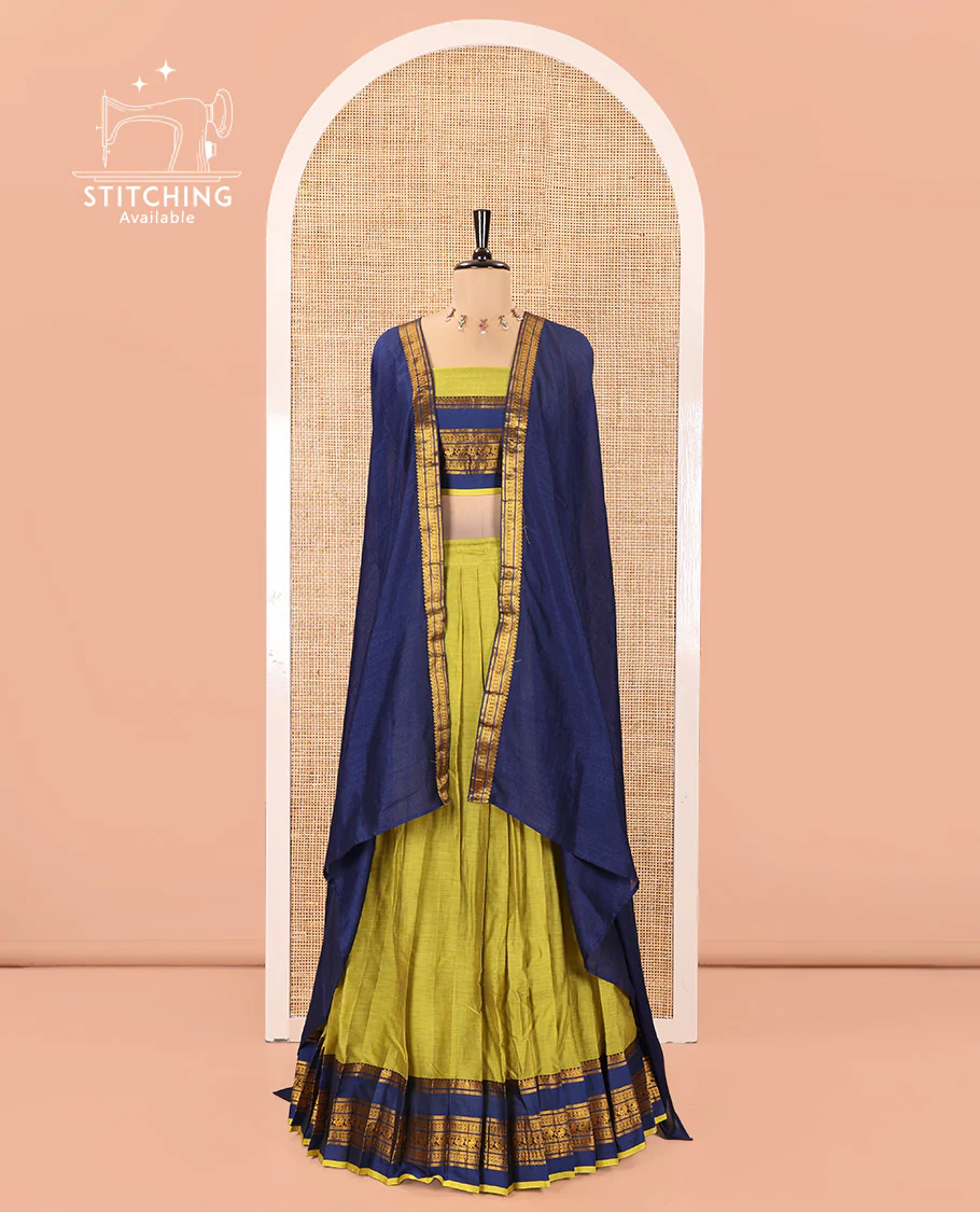 Liril Green-Royal Blue Mercerised Cotton Half-Saree Features Plain Skirt, Contrast Traditional Annam-Motif Border, a Matching Blouse, and Contrast Dhavani - Image 7