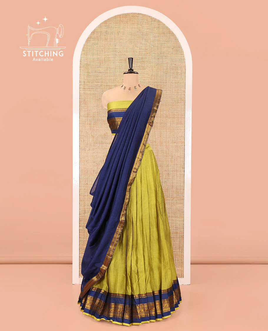 Liril Green-Royal Blue Mercerised Cotton Half-Saree Features Plain Skirt, Contrast Traditional Annam-Motif Border, a Matching Blouse, and Contrast Dhavani - Image 8