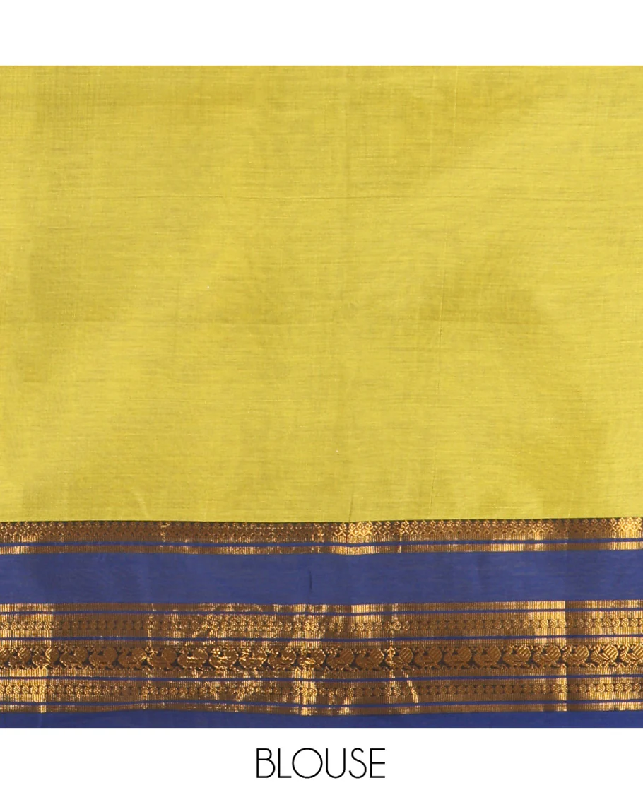 Liril Green-Royal Blue Mercerised Cotton Half-Saree Features Plain Skirt, Contrast Traditional Annam-Motif Border, a Matching Blouse, and Contrast Dhavani - Image 9