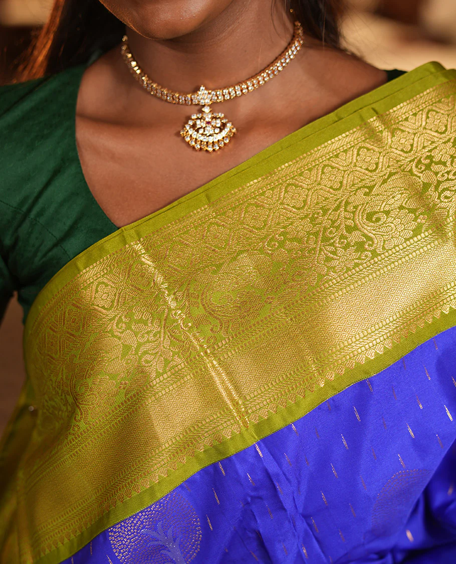 M.s Blue-Green Budget Silk Saree, Boldly Accentuated with Zari Buttas, Complemented by a Contrast Traditional Zari Border, Grand Pallu, and a Contrast Blouse - Image 2