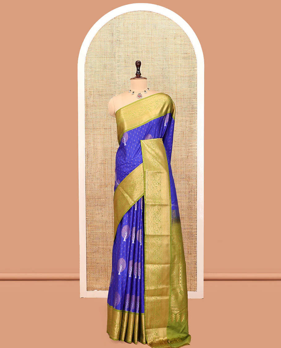 M.s Blue-Green Budget Silk Saree, Boldly Accentuated with Zari Buttas, Complemented by a Contrast Traditional Zari Border, Grand Pallu, and a Contrast Blouse - Image 6
