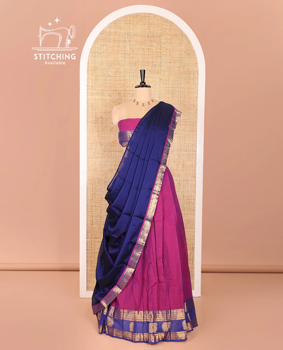 Magenta and Blue Sungudi Cotton Half-Saree Featuring Plain Skirt, Adorned with a Contrast Traditional Motifs Woven Zari Border of Annam Motifs, Paired with a Matching Blouse, and Contrast Syska Georgette Dhavani with Zari Border