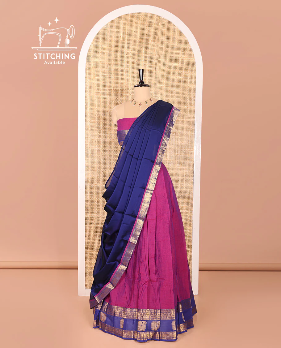 Magenta and Blue Sungudi Cotton Half-Saree Featuring Plain Skirt, Adorned with a Contrast Traditional Motifs Woven Zari Border of Annam Motifs, Paired with a Matching Blouse, and Contrast Syska Georgette Dhavani with Zari Border - Image 3