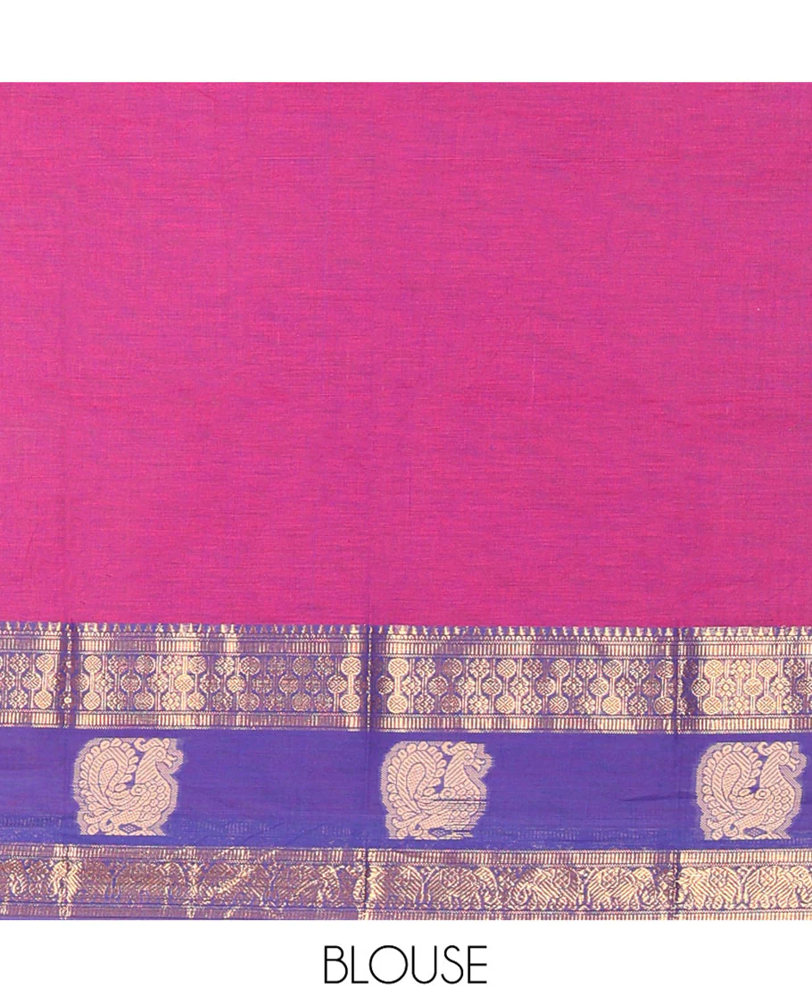 Magenta and Blue Sungudi Cotton Half-Saree Featuring Plain Skirt, Adorned with a Contrast Traditional Motifs Woven Zari Border of Annam Motifs, Paired with a Matching Blouse, and Contrast Syska Georgette Dhavani with Zari Border - Image 4