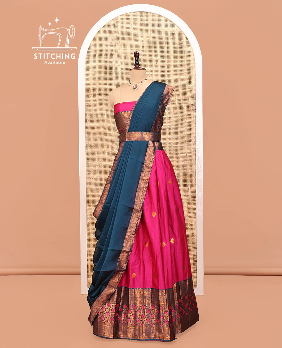 Magenta Art Silk Half Saree, Delicately Woven with Embossed and Buttas Skirt, Contrast Traditional Border, Matching Blouse, and a Contrast Dhavani - Image 3