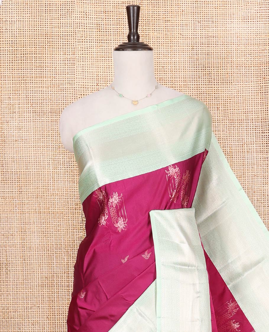 Magenta Budget Silk Saree, Mesmerized with Zari Buttas All Over Its Body, Complemented by a Contrast Traditional Zari Design Border, Grand Chevron Striped Pallu, and Paired with a Contrast Blouse - Image 2