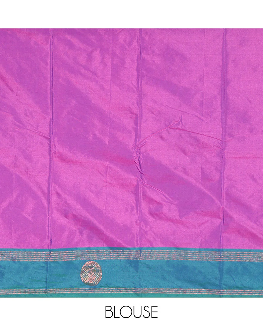 Magenta buttas semi-soft silk saree, contrast zari striped and round buttas border, striped pallu, and a matching blouse - Image 3