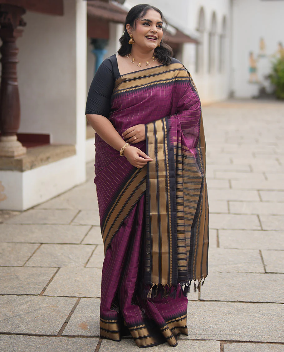 Magenta-Dark Purple Vasundhara Lite Silkmix Saree, Graced with Checks, Contrast Border of Rekku, Manga Mokku, and Mayil Kann, Grand Pallu, and Contrast Blouse