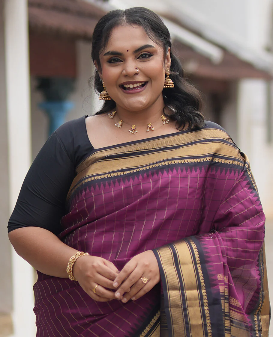 Magenta-Dark Purple Vasundhara Lite Silkmix Saree, Graced with Checks, Contrast Border of Rekku, Manga Mokku, and Mayil Kann, Grand Pallu, and Contrast Blouse - Image 3
