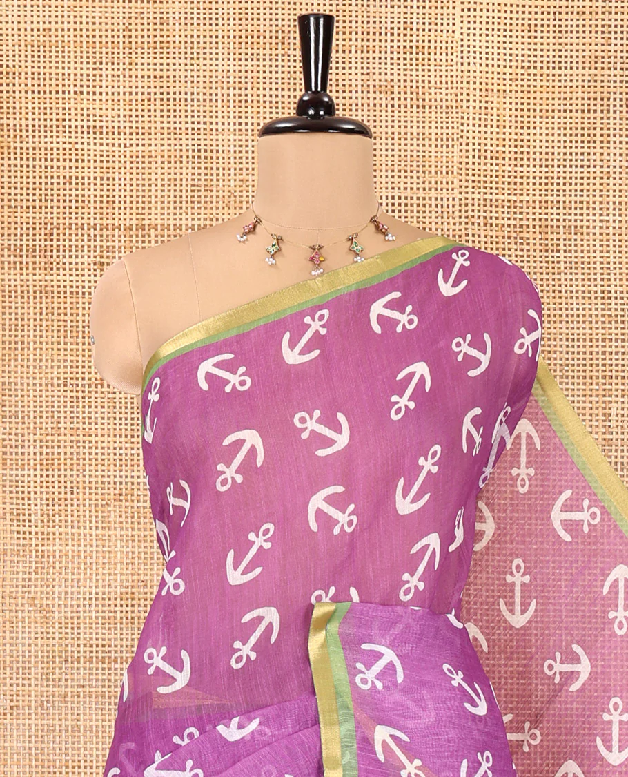 Magenta Linen Cotton Saree, Adorned with Anchor Motifs Printed on Its Body, a Subtle Contrast Piping Border, Multi-Color Striped Pallu, and Paired with a Contrast Blouse - Image 2