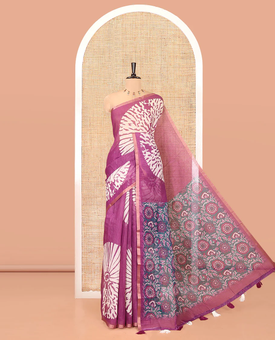 Magenta Linen Cotton Saree, Finely Crafted with Floral Motifs Printed on Its Body, Subtle Piping Border, Complemented by a Contrast Floral Printed Blouse, and Paired with a Contrast Blouse