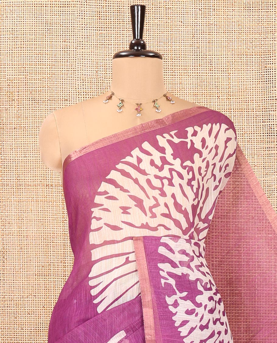 Magenta Linen Cotton Saree, Finely Crafted with Floral Motifs Printed on Its Body, Subtle Piping Border, Complemented by a Contrast Floral Printed Blouse, and Paired with a Contrast Blouse - Image 2