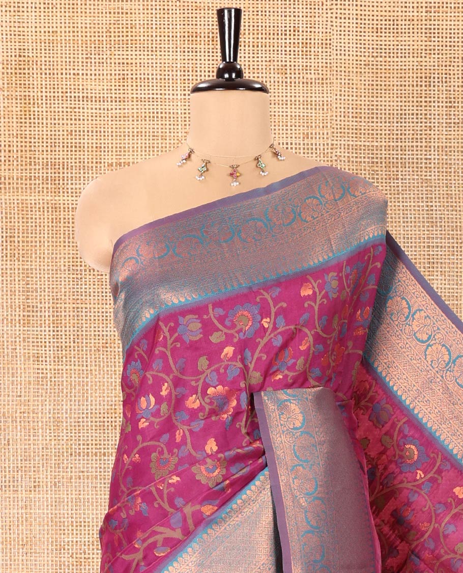 Magenta Litchi Saree, Decked up with Floral Vine in Resham and Zari Thread Designs, Complemented by Contrast Floral Zari Border, Grand Jaal Design Pallu, and Paired with a Contrast Blouse - Image 2