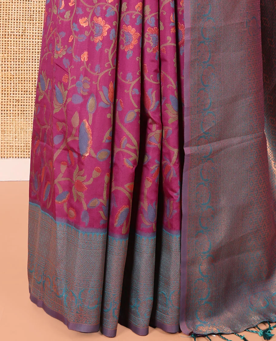 Magenta Litchi Saree, Decked up with Floral Vine in Resham and Zari Thread Designs, Complemented by Contrast Floral Zari Border, Grand Jaal Design Pallu, and Paired with a Contrast Blouse - Image 3