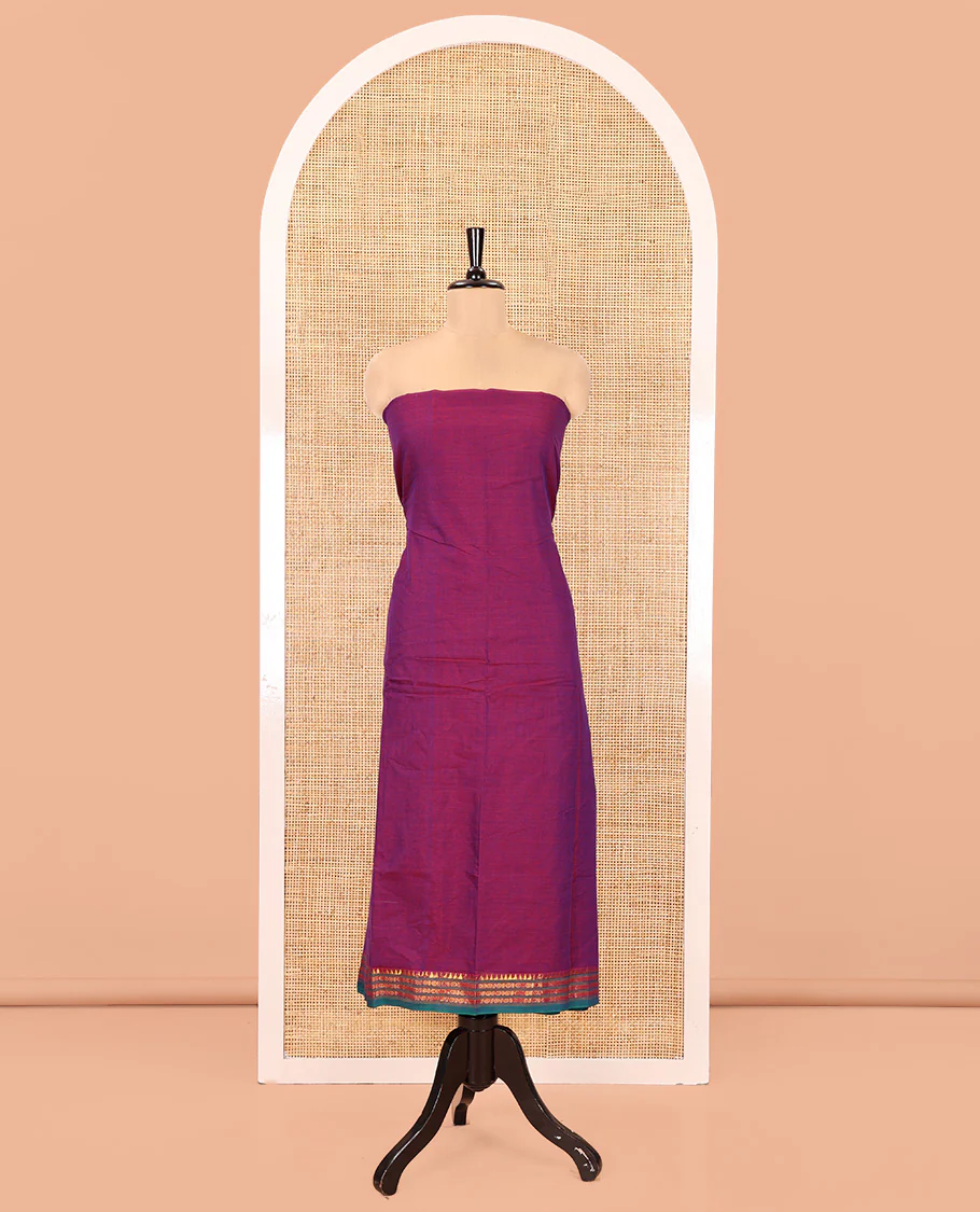 Magenta Mercerised Cotton Material Chudidar Set, Adorned with Rudraksham-Temple Bordered Top, a Mercerised Cotton Bottom, and Paired with a Matching Mercerised Cotton Rudraksham-Temple Bordered Dupatta - Image 4