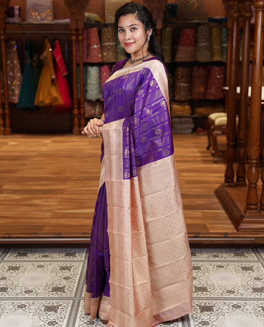 Magenta Pink Litchi Saree, Adorned with Vaira Oosi Stripes and Zari Buttas on Its Body, Complemented by a Contrast Rettai Pettu Traditional Zari Design Border, an Intricately Designed Pallu, and Paired with a Contrast Blouse - Image 3