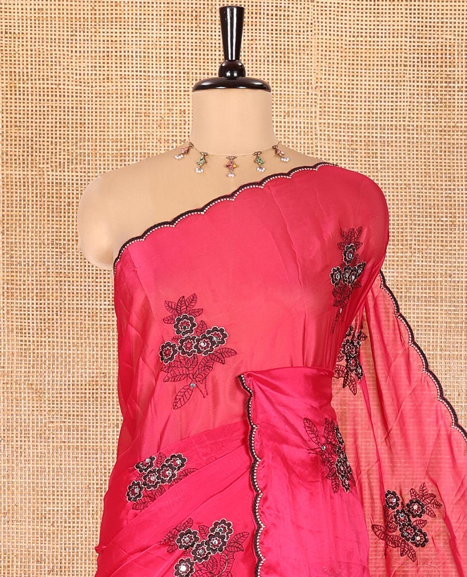 Magenta Rangoli Chiffon Saree, Bedecked with Flower-Style Motifs Embroidered on Its Body, a Subtle Scallop Embroidered Border, a Self-Pallu, and Paired with a Contrast Embroidered Blouse - Image 2