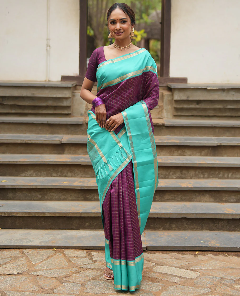 Magenta-Sapphire Blue Vasundhara Silk Saree Features Zari Butta and Checks, Contrast Rettai Pettu Border, Jaal Pallu, and a Contrast Blouse