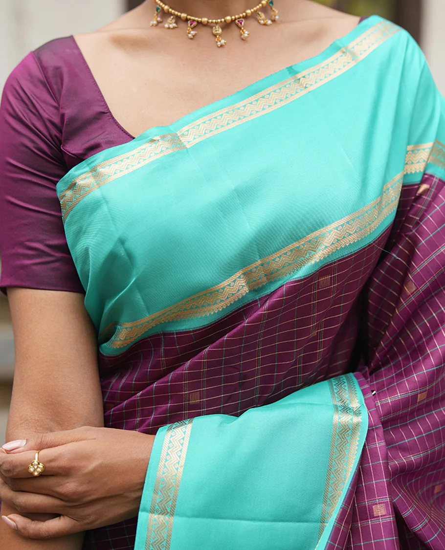 Magenta-Sapphire Blue Vasundhara Silk Saree Features Zari Butta and Checks, Contrast Rettai Pettu Border, Jaal Pallu, and a Contrast Blouse - Image 2
