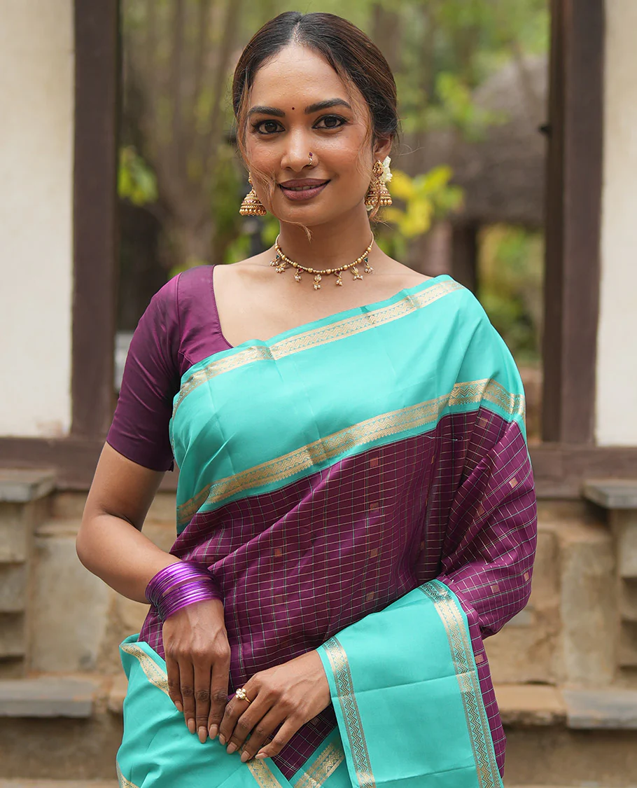 Magenta-Sapphire Blue Vasundhara Silk Saree Features Zari Butta and Checks, Contrast Rettai Pettu Border, Jaal Pallu, and a Contrast Blouse - Image 3