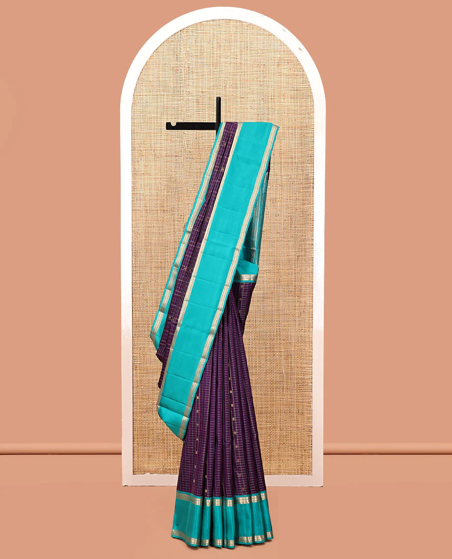 Magenta-Sapphire Blue Vasundhara Silk Saree Features Zari Butta and Checks, Contrast Rettai Pettu Border, Jaal Pallu, and a Contrast Blouse - Image 5