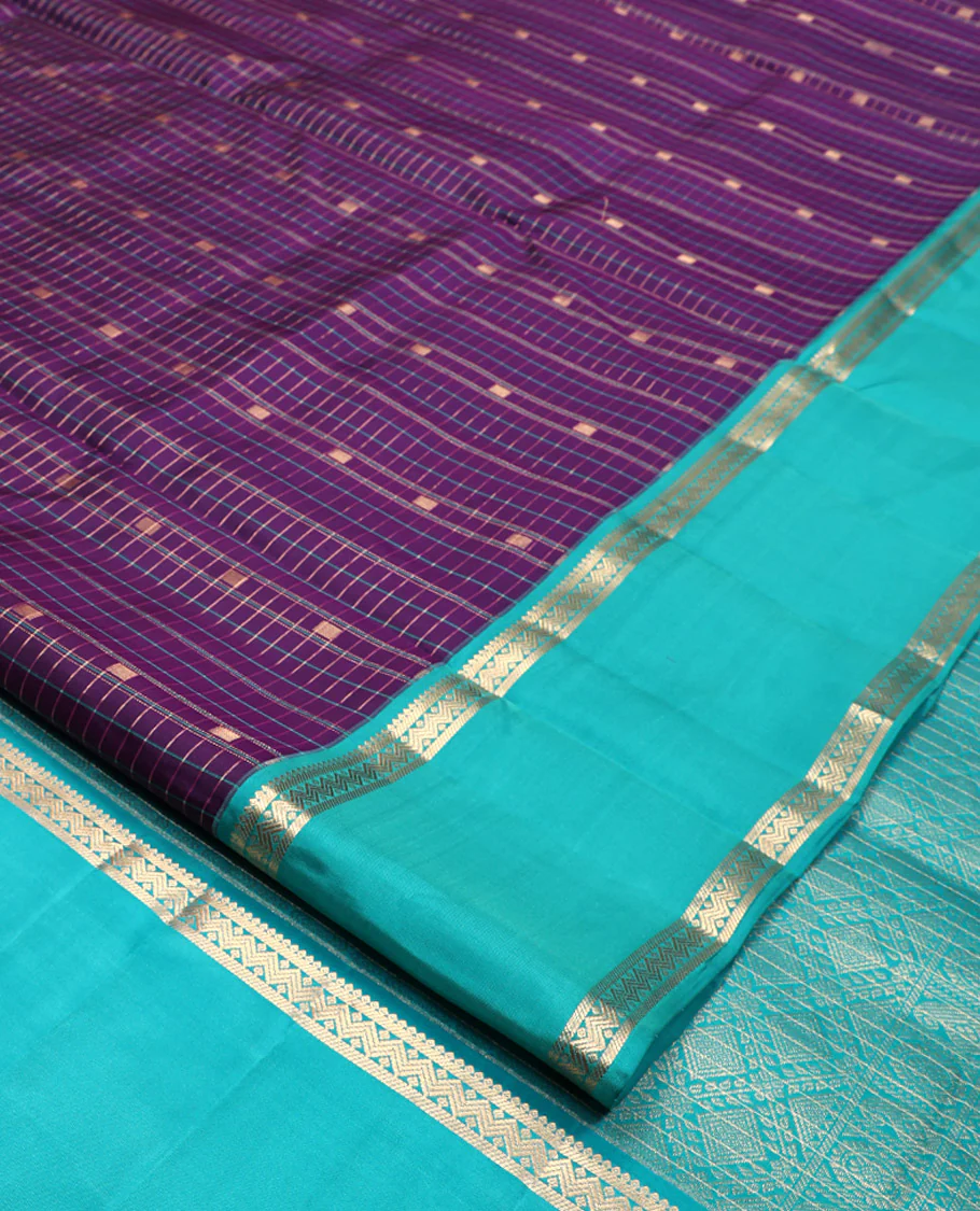 Magenta-Sapphire Blue Vasundhara Silk Saree Features Zari Butta and Checks, Contrast Rettai Pettu Border, Jaal Pallu, and a Contrast Blouse - Image 6
