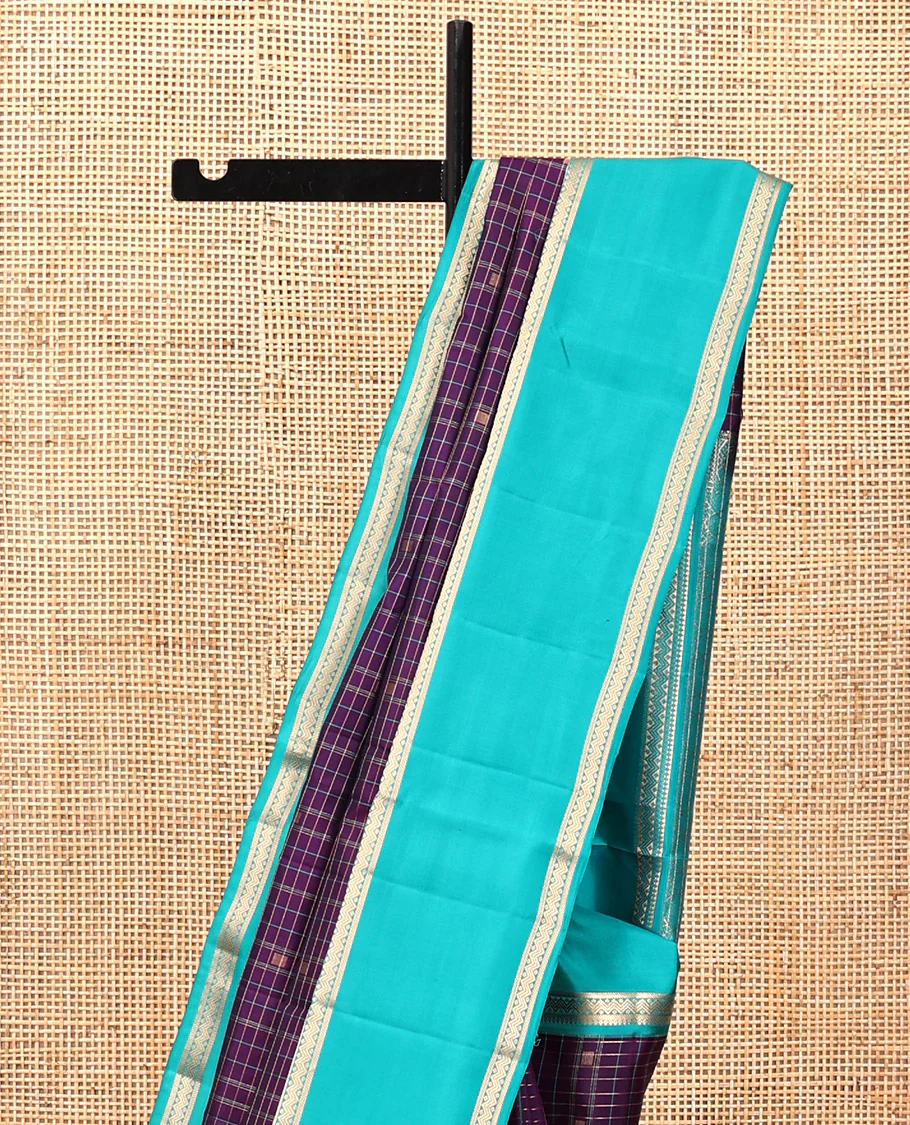 Magenta-Sapphire Blue Vasundhara Silk Saree Features Zari Butta and Checks, Contrast Rettai Pettu Border, Jaal Pallu, and a Contrast Blouse - Image 7