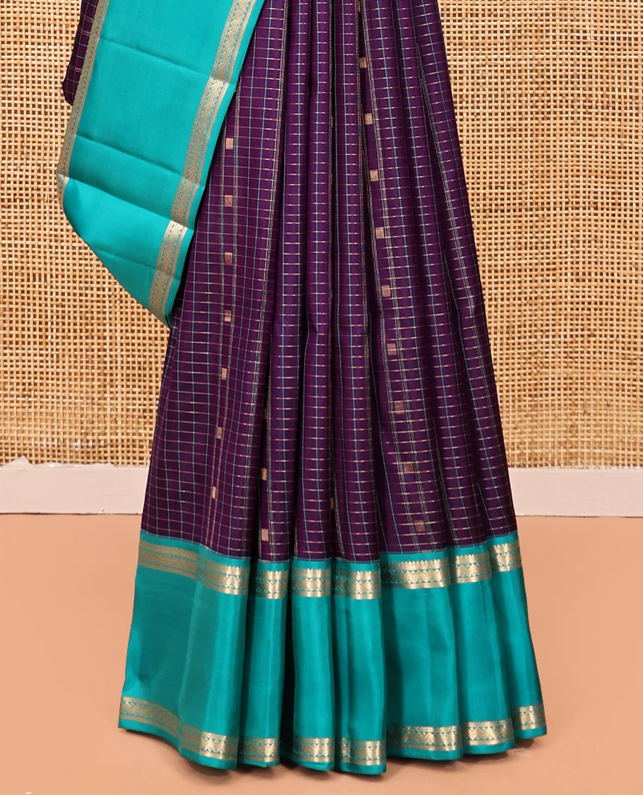 Magenta-Sapphire Blue Vasundhara Silk Saree Features Zari Butta and Checks, Contrast Rettai Pettu Border, Jaal Pallu, and a Contrast Blouse - Image 8