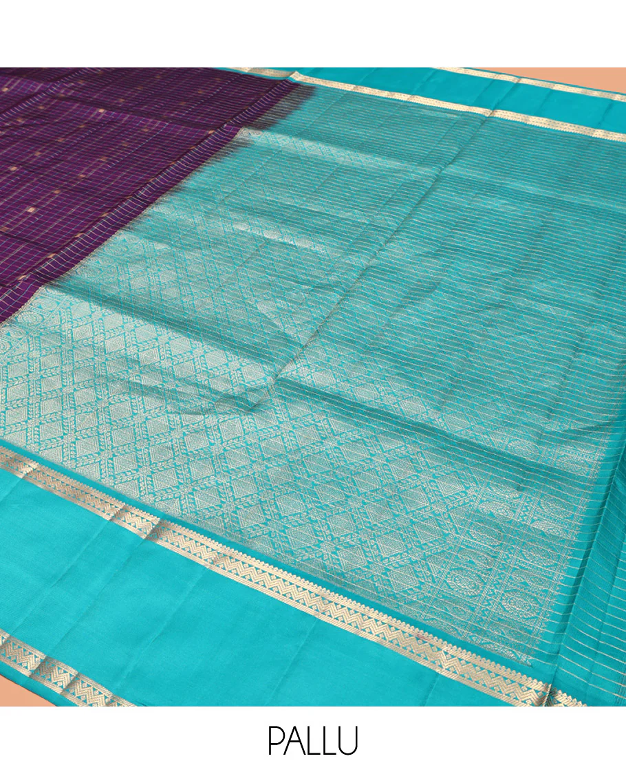 Magenta-Sapphire Blue Vasundhara Silk Saree Features Zari Butta and Checks, Contrast Rettai Pettu Border, Jaal Pallu, and a Contrast Blouse - Image 9