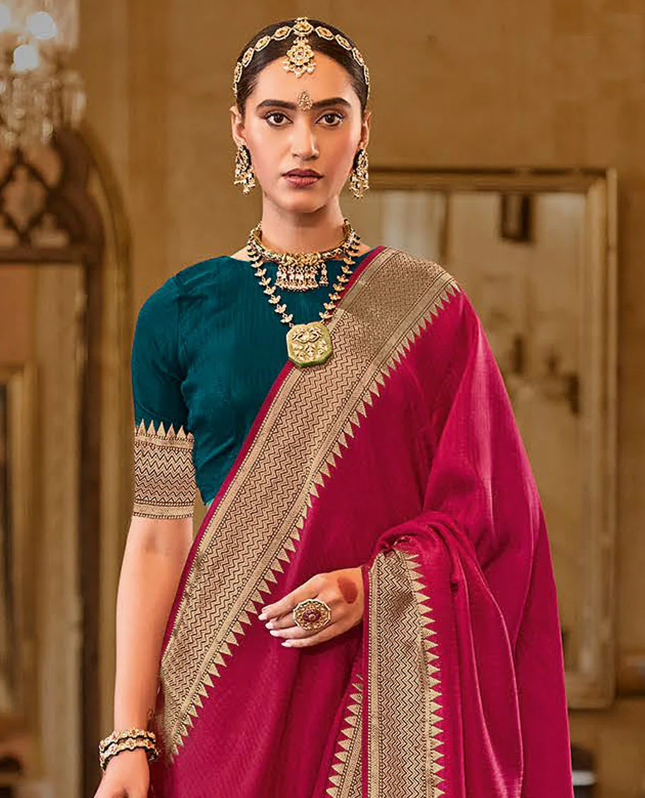 Magenta Sparsely Textured Designer Saree, Ornamented with Traditional Zari Design Border, Pallu Features Paisley Designs, and Paired with a Contrast Blouse - Image 2