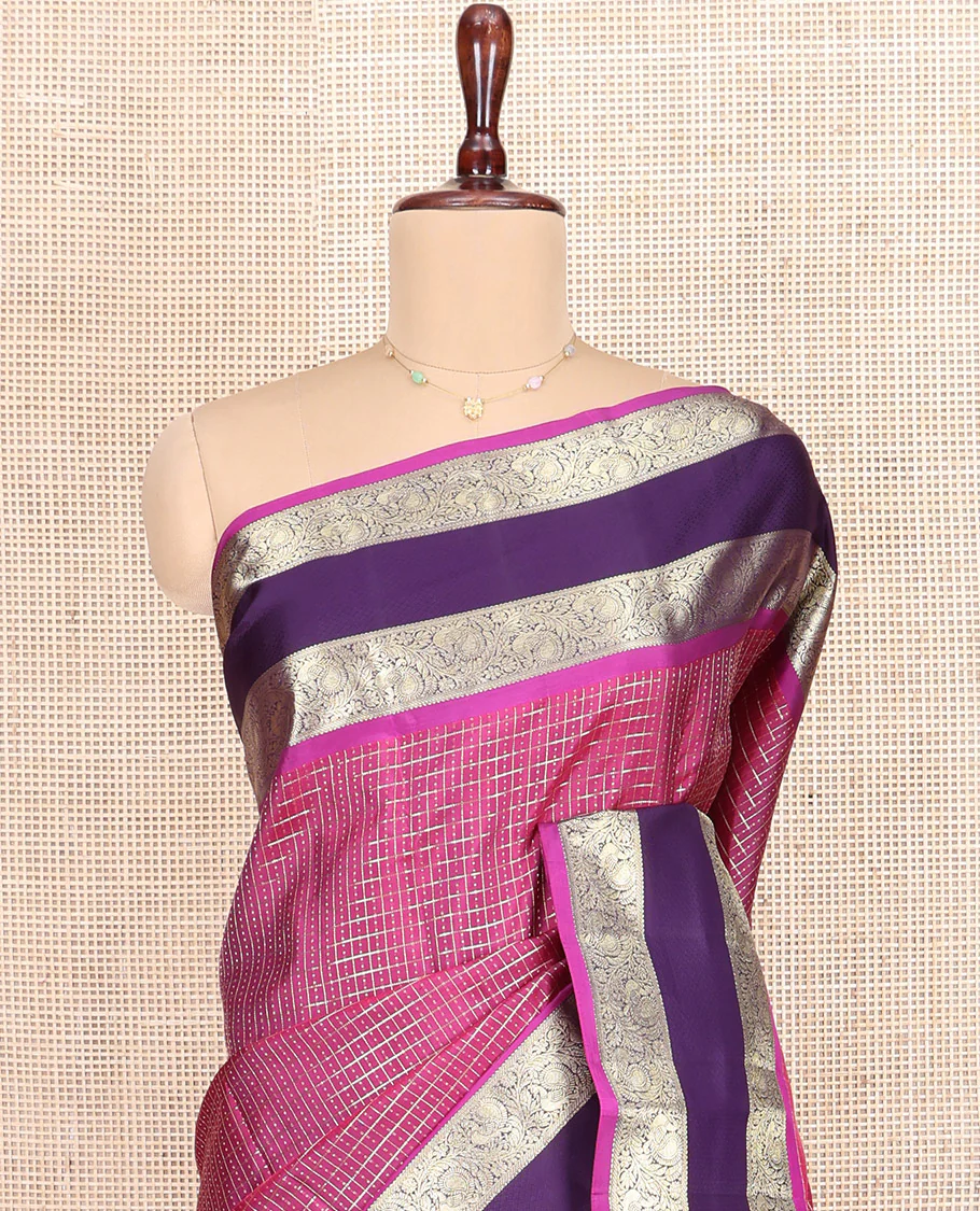Magenta Vasundhara Silk Saree, Enriched with Vaira Oosi Checks, Complemented by Contrast Rettai Pettu Border of Kodi Mayil Designs, Elegantly Woven Pallu of Jaal Designs, and Paired with a Contrast Blouse - Image 2