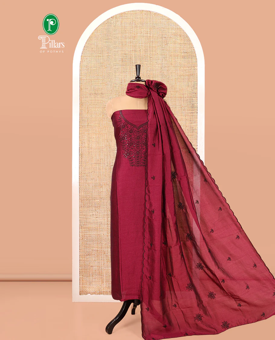 Magenta Vichitra Silk Material Chudidar Set Featuring Sequins-Thread-Embroidered Top, a Santoon Bottom, and a Matching Scallop-Embroidery Dupatta