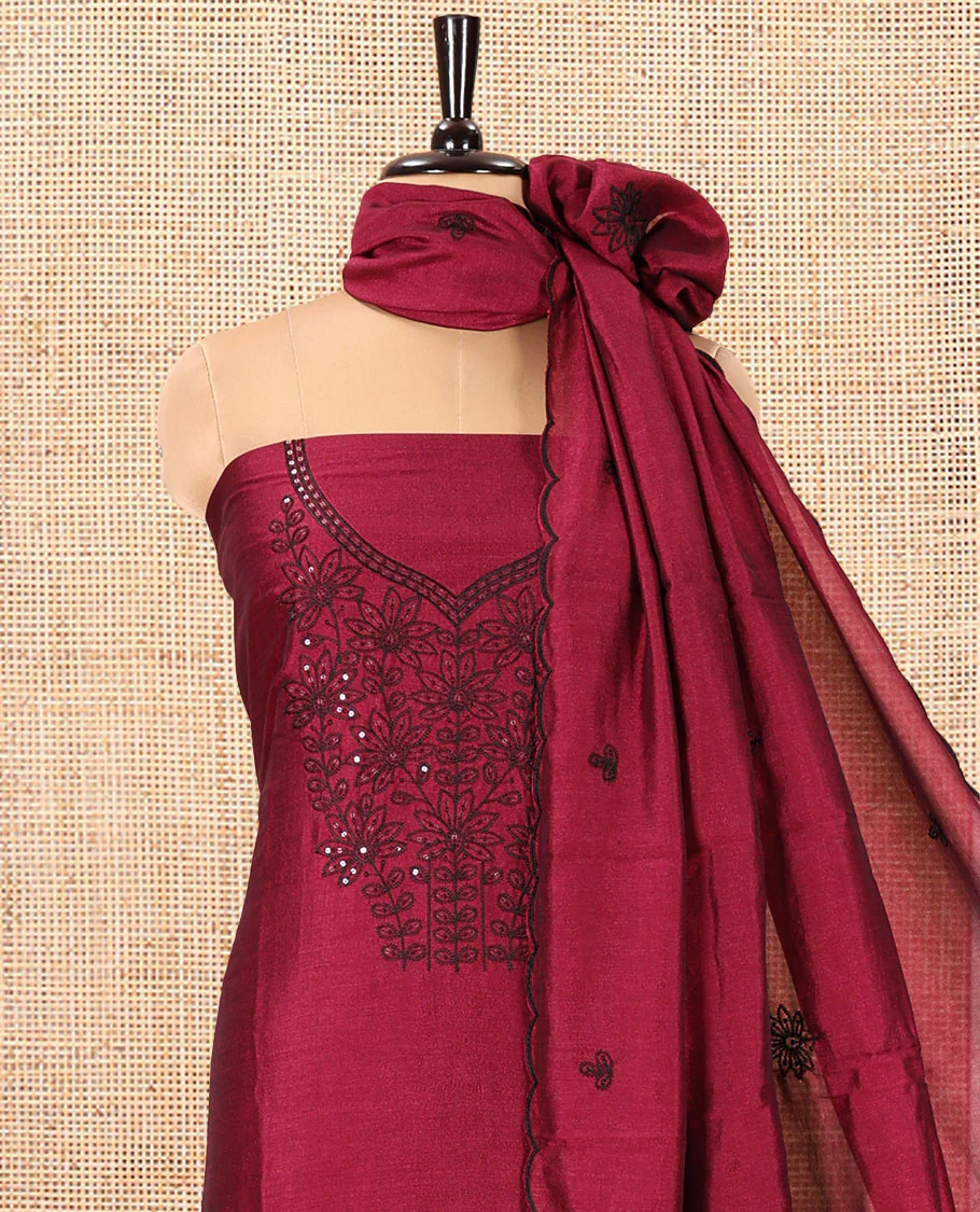 Magenta Vichitra Silk Material Chudidar Set Featuring Sequins-Thread-Embroidered Top, a Santoon Bottom, and a Matching Scallop-Embroidery Dupatta - Image 3