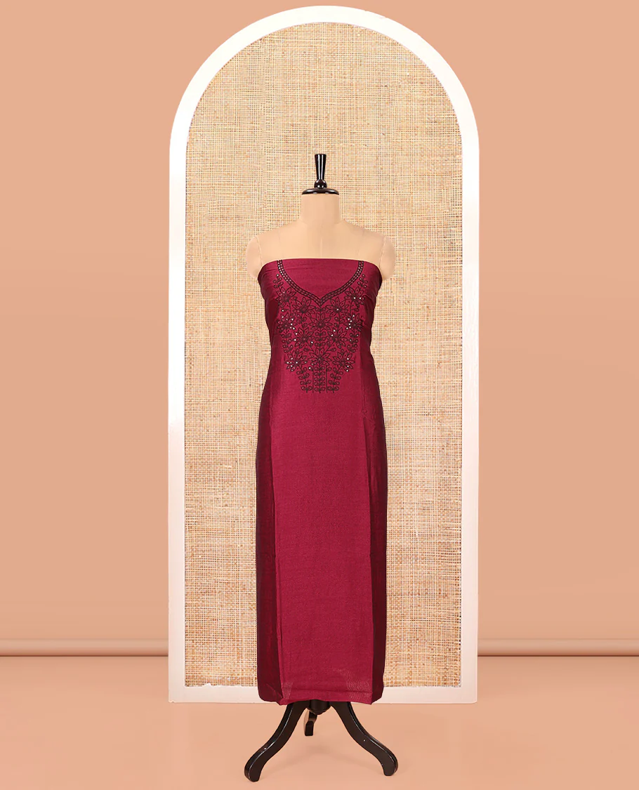 Magenta Vichitra Silk Material Chudidar Set Featuring Sequins-Thread-Embroidered Top, a Santoon Bottom, and a Matching Scallop-Embroidery Dupatta - Image 4