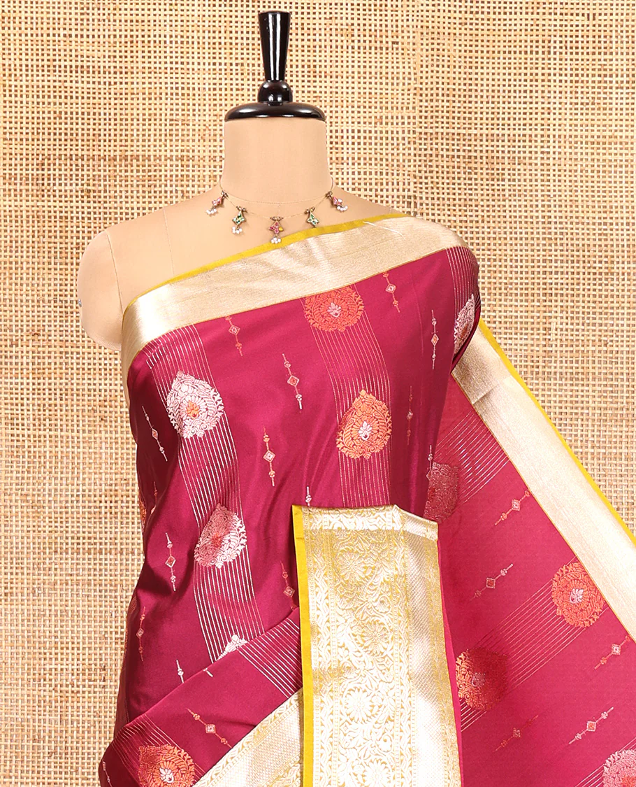 Majenta Semi-Soft Silk Saree, Opulently Embellished with Zari Designs All Over Its Body, Complemented by Contrast Traditional Zari Design Border, Pallu of Big Paisleys, and Paired with a Contrast Blouse - Image 2