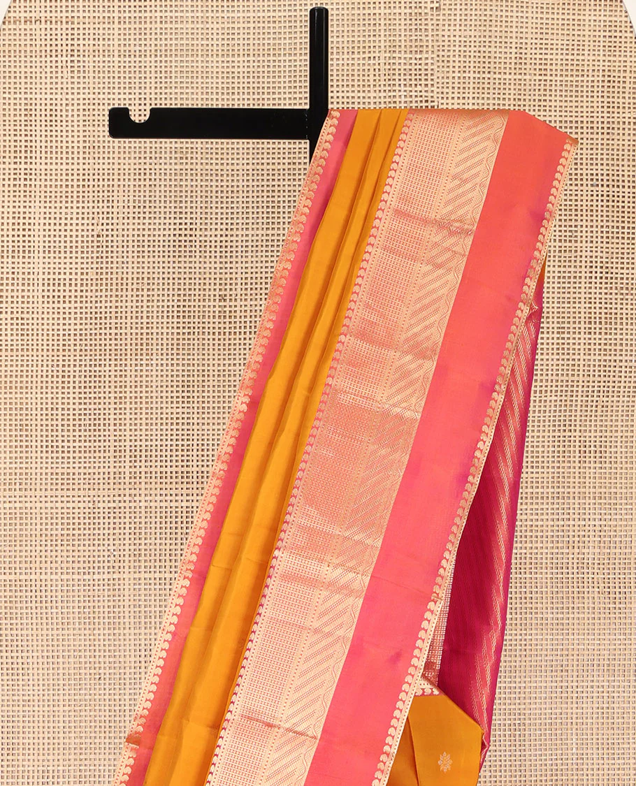 Mango Yellow Kanchipuram Silk Saree, Adorned with Zari Buttas All Over Its Body, Complemented by Contrast Border of Traditional Zari Designs, Grand Diagonal Striped Pallu, and Paired with a Contrast Blouse - Image 3