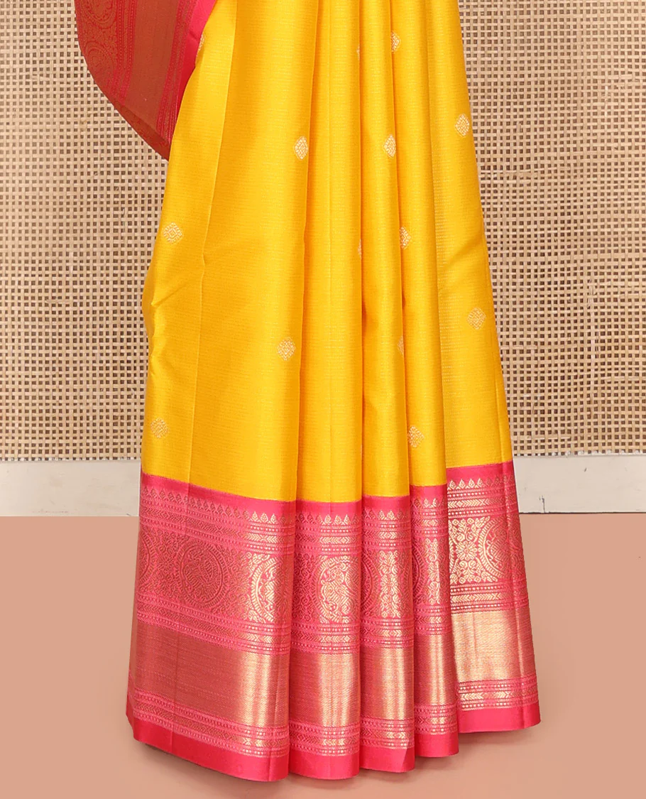 Mango Yellow Vasundhara Silk Saree, Subtly Sparkled with Sparse Stripes and Zari Buttas, Complemented by a Contrast Border of Thilakam, Banaras, Muthu, and Round Mayil Designs, Pallu Steeped with Traditional Designs, and Paired with a Contrast Blouse - Image 10