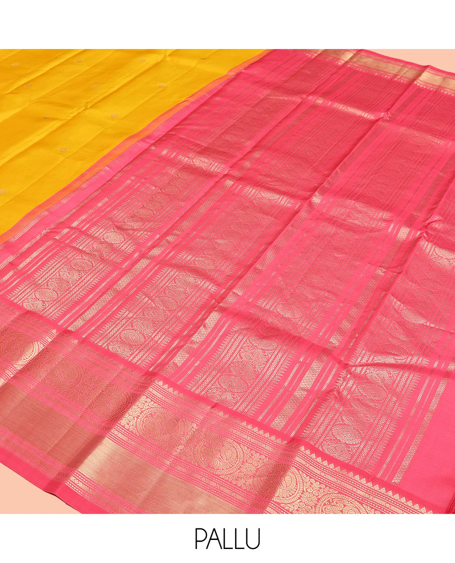 Mango Yellow Vasundhara Silk Saree, Subtly Sparkled with Sparse Stripes and Zari Buttas, Complemented by a Contrast Border of Thilakam, Banaras, Muthu, and Round Mayil Designs, Pallu Steeped with Traditional Designs, and Paired with a Contrast Blouse - Image 11