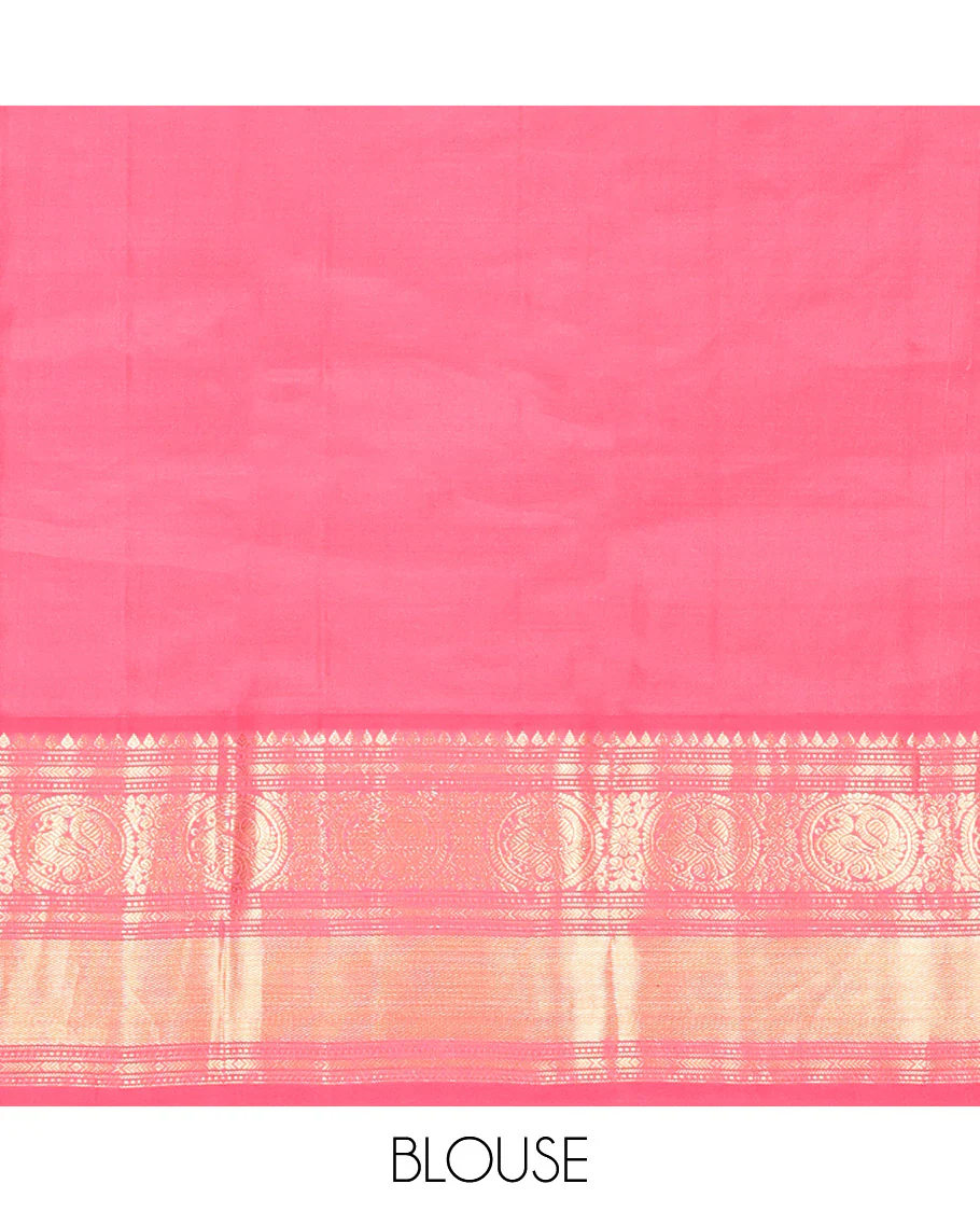 Mango Yellow Vasundhara Silk Saree, Subtly Sparkled with Sparse Stripes and Zari Buttas, Complemented by a Contrast Border of Thilakam, Banaras, Muthu, and Round Mayil Designs, Pallu Steeped with Traditional Designs, and Paired with a Contrast Blouse - Image 12
