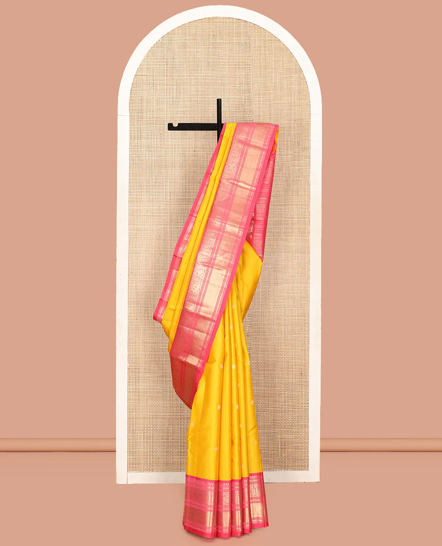 Mango Yellow Vasundhara Silk Saree, Subtly Sparkled with Sparse Stripes and Zari Buttas, Complemented by a Contrast Border of Thilakam, Banaras, Muthu, and Round Mayil Designs, Pallu Steeped with Traditional Designs, and Paired with a Contrast Blouse - Image 7