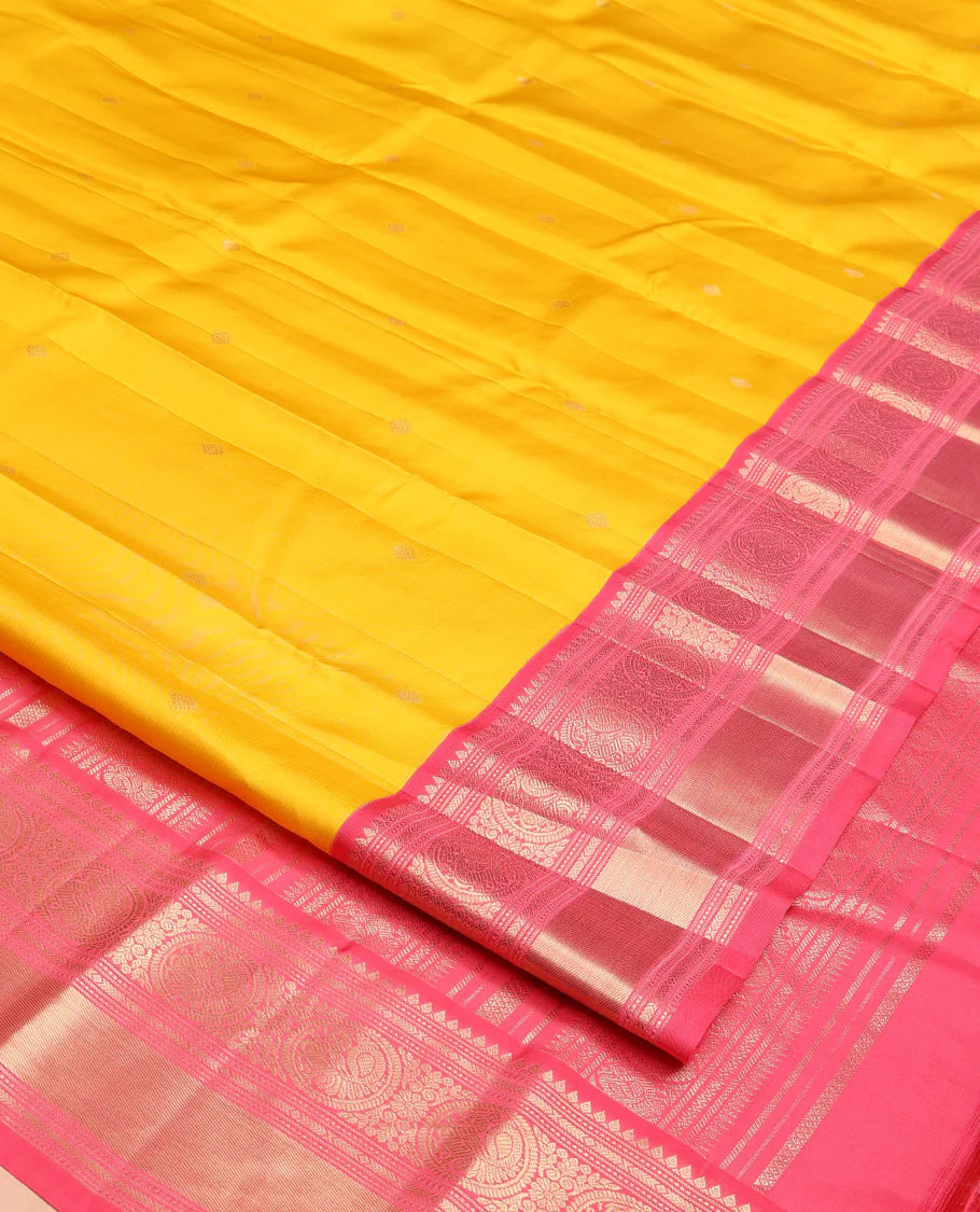 Mango Yellow Vasundhara Silk Saree, Subtly Sparkled with Sparse Stripes and Zari Buttas, Complemented by a Contrast Border of Thilakam, Banaras, Muthu, and Round Mayil Designs, Pallu Steeped with Traditional Designs, and Paired with a Contrast Blouse - Image 8