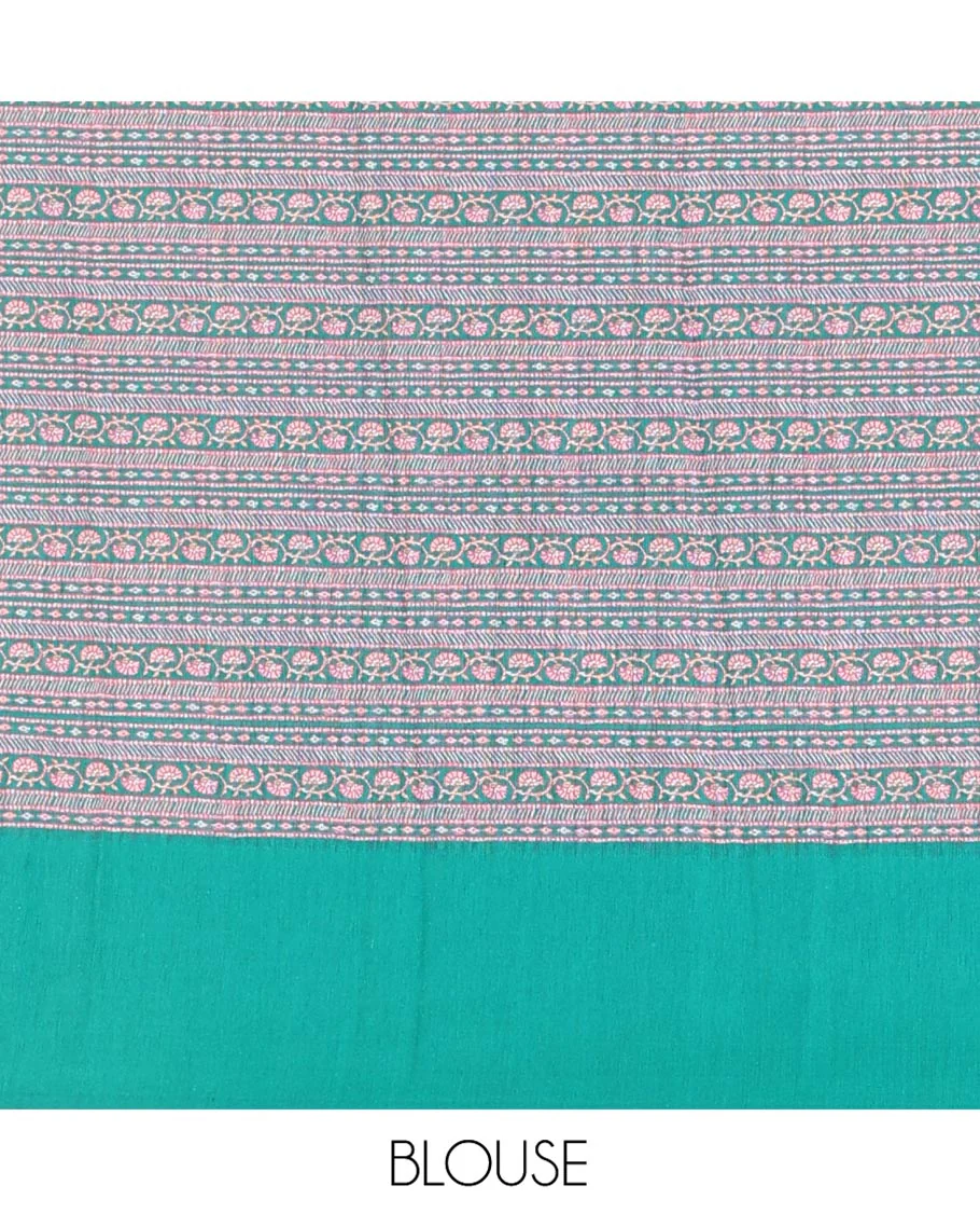 Maragatha Green Green-Silk Saree, Mesmerized with Floral Motifs, Block Print on Its Body, Complemented by a Contrast Thread Embroidered Border, Pallu of Floral Block Print, and Paired with a Contrast Blouse - Image 7