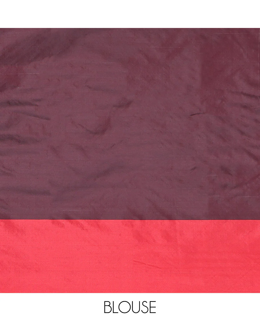 Maroon Aarani Gift Saree, Elevated with Checks on Its Body, Complemented by a Contrast Zari Striped Border, a Pallu of Zari Designs, and Paired with a Matching Blouse - Image 4