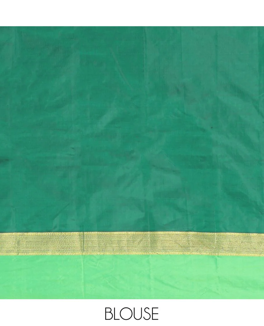 Maroon Aarani Silk Saree, Detailed with Zari Buttas on Its Body, Complemented by a Contrast Zari Border, Pallu of Stripes and Buttas, and Paired with a Contrast Blouse - Image 5
