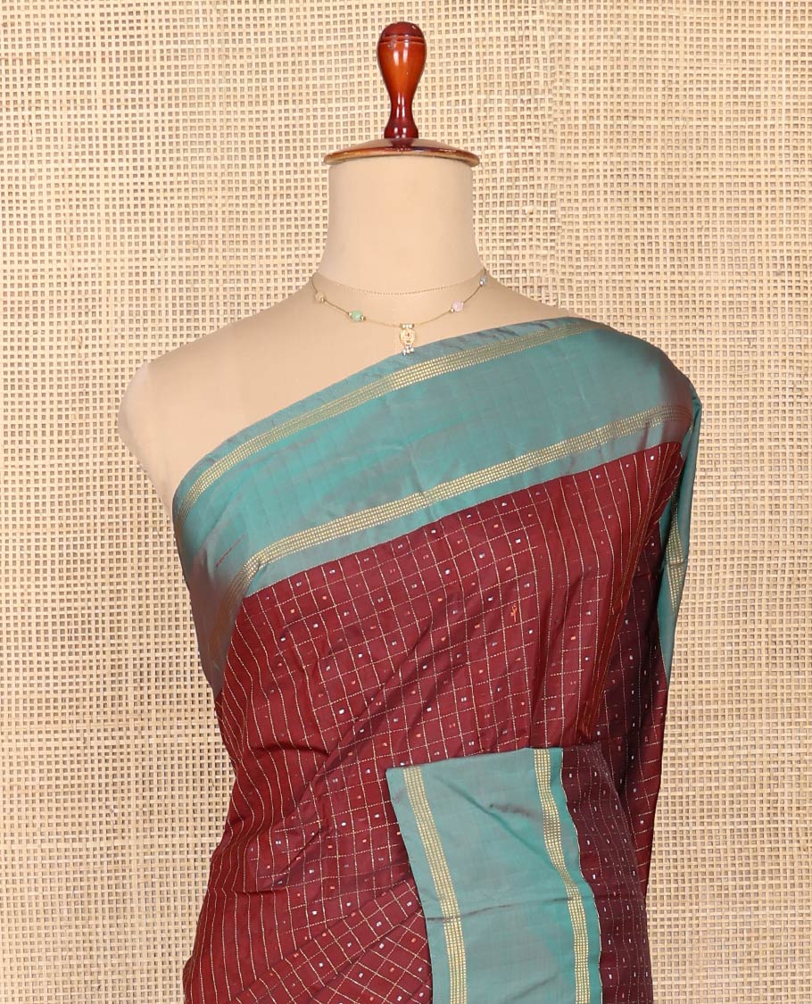 Maroon Aarani Silk Saree, Enriched with Butta Enclosed Checked Design on Its Body, Complemented by a Contrast Zari Striped Border, Pallu of Butta Enclosed Checks, and Paired with a Matching Blouse - Image 2