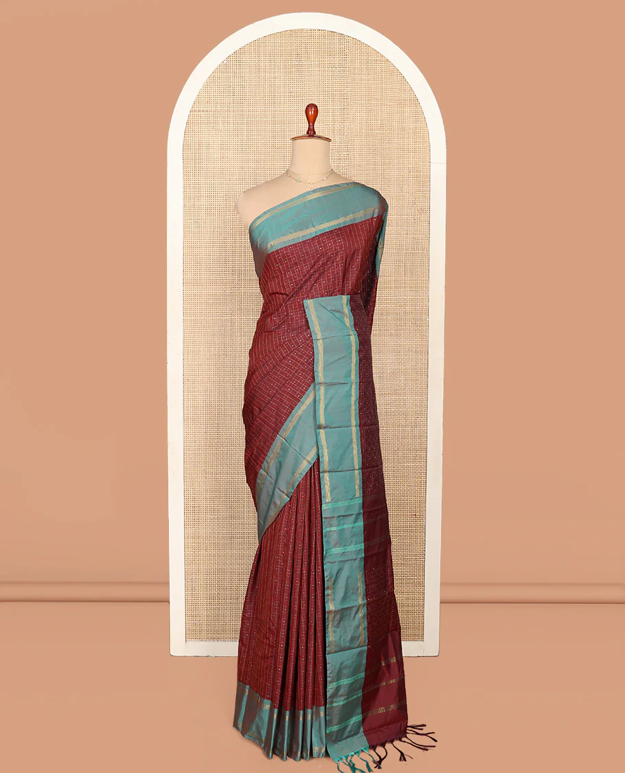 Maroon Aarani Silk Saree, Enriched with Butta Enclosed Checked Design on Its Body, Complemented by a Contrast Zari Striped Border, Pallu of Butta Enclosed Checks, and Paired with a Matching Blouse - Image 3