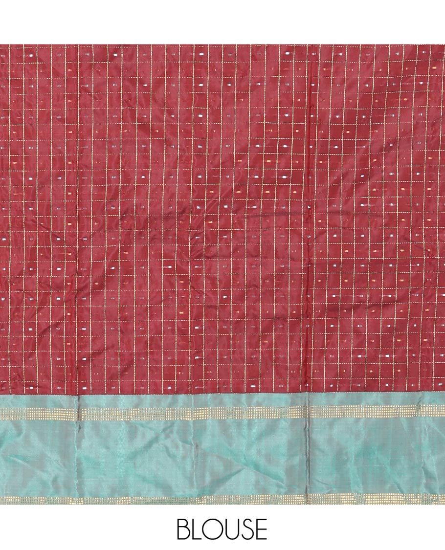 Maroon Aarani Silk Saree, Enriched with Butta Enclosed Checked Design on Its Body, Complemented by a Contrast Zari Striped Border, Pallu of Butta Enclosed Checks, and Paired with a Matching Blouse - Image 5